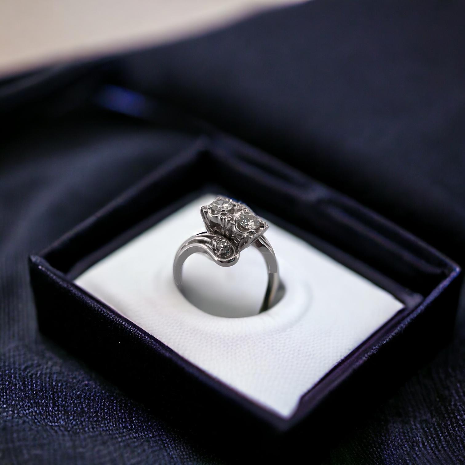 Women's or Men's 14K White gold Vintage Bypass Natural Diamond Ring For Sale
