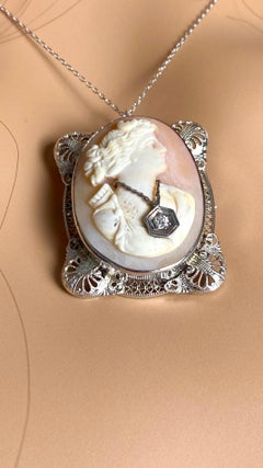 14K White Gold Vintage Cameo Pendant Brooch Diamond Accent and Filigree Setting