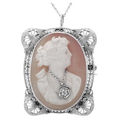 14K White Gold Vintage Cameo Pendant Brooch Diamond Accent and Filigree Setting