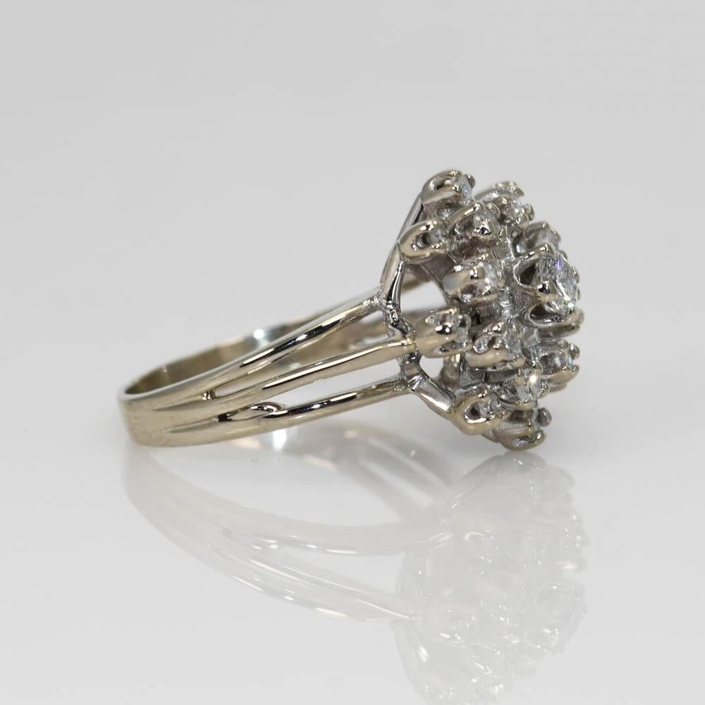 Brilliant Cut 14K White Gold Vintage Diamond Cluster Ring, 4.9gr For Sale