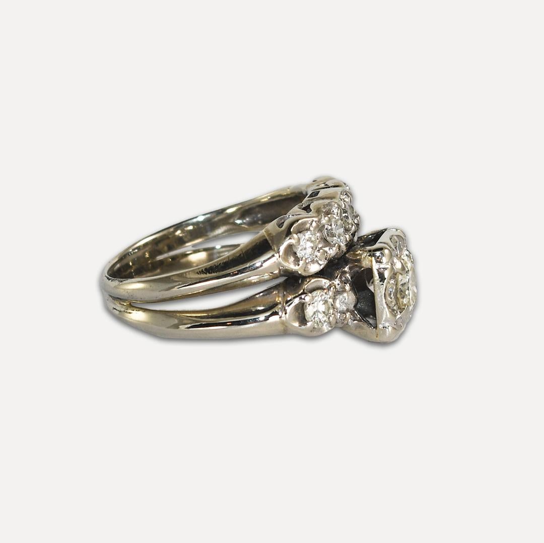 Round Cut 14K White Gold Vintage Diamond Engagement Wedding Ring Set 0.65ct For Sale