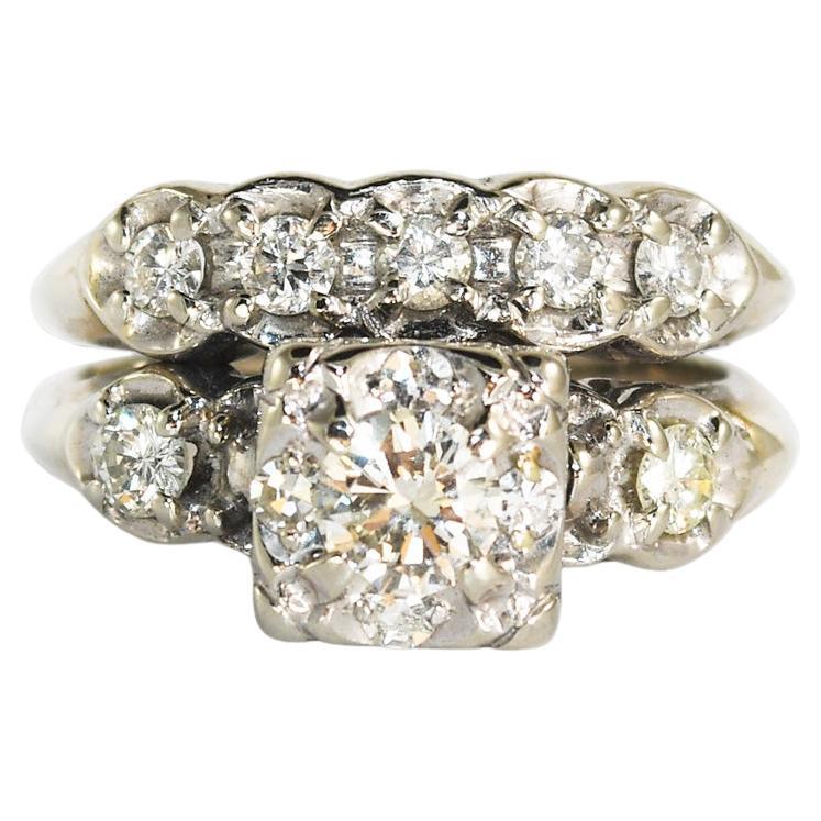 14K White Gold Vintage Diamond Engagement Wedding Ring Set 0.65ct For Sale