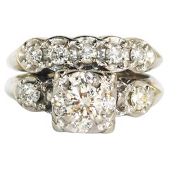 14K White Gold Vintage Diamond Engagement Wedding Ring Set 0.65ct