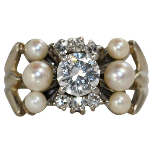 Anello con diamanti e perle vintage in oro bianco 14K 7,1g