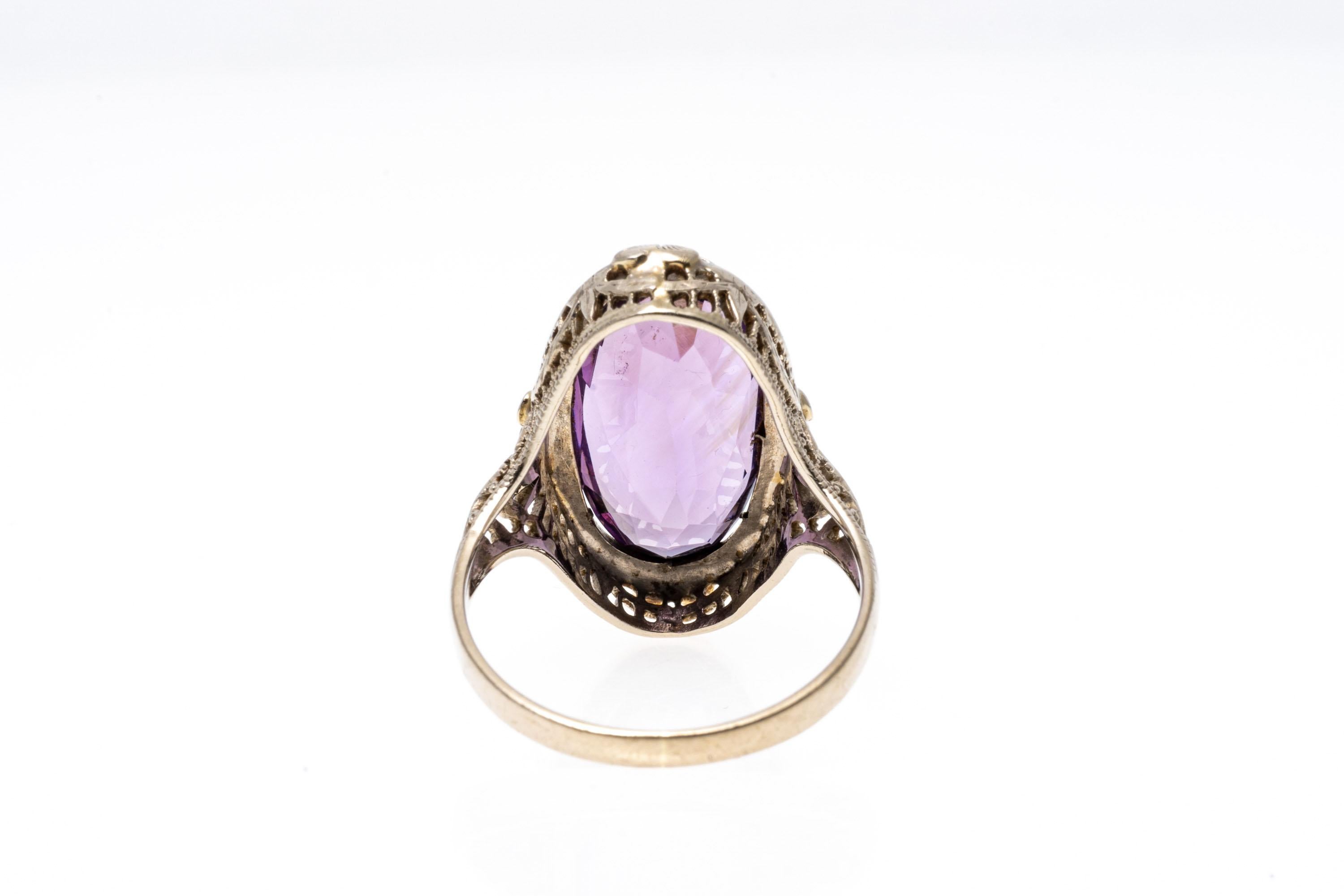 Retro 14k White Gold Vintage Elongated Oval Amethyst Filigree Ring For Sale