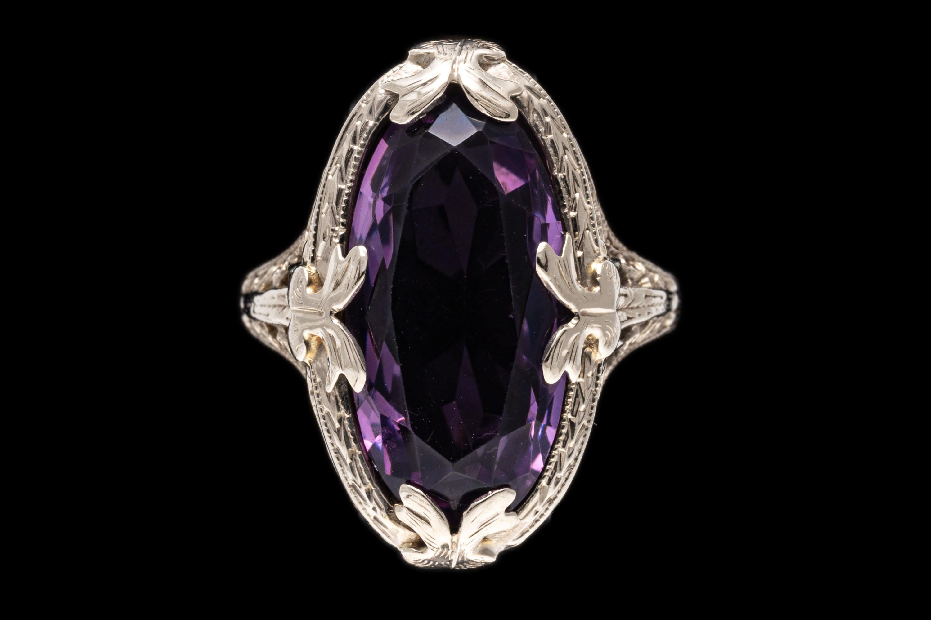 Oval Cut 14k White Gold Vintage Elongated Oval Amethyst Filigree Ring For Sale