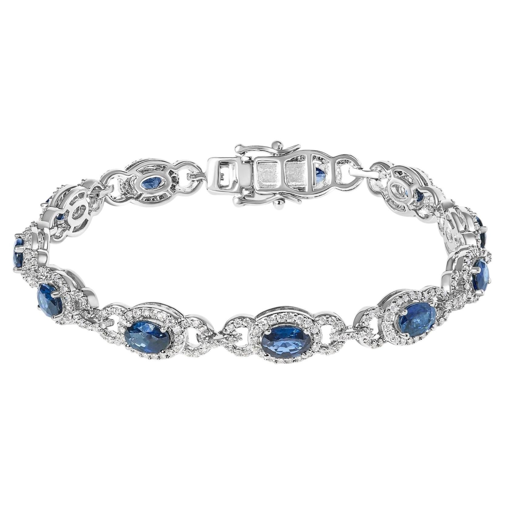14K White Gold Vintage-Inspired Oval Blue Sapphire & Diamond Link Bracelet