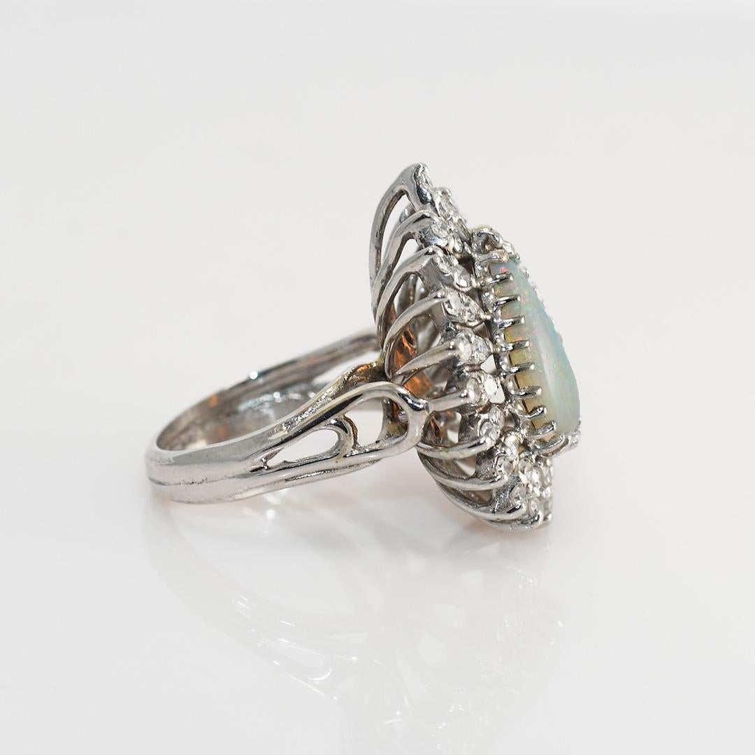 Brilliant Cut 14K White Gold Vintage Opal & Diamond Ring, 8.7g, .35tdw For Sale