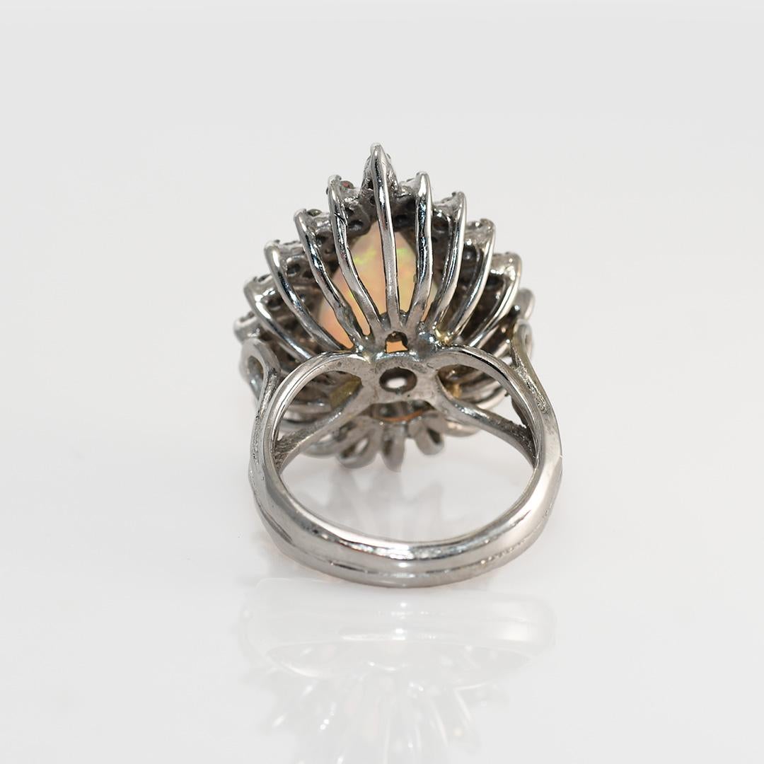 14K White Gold Vintage Opal & Diamond Ring, 8.7g, .35tdw In Excellent Condition For Sale In Laguna Beach, CA