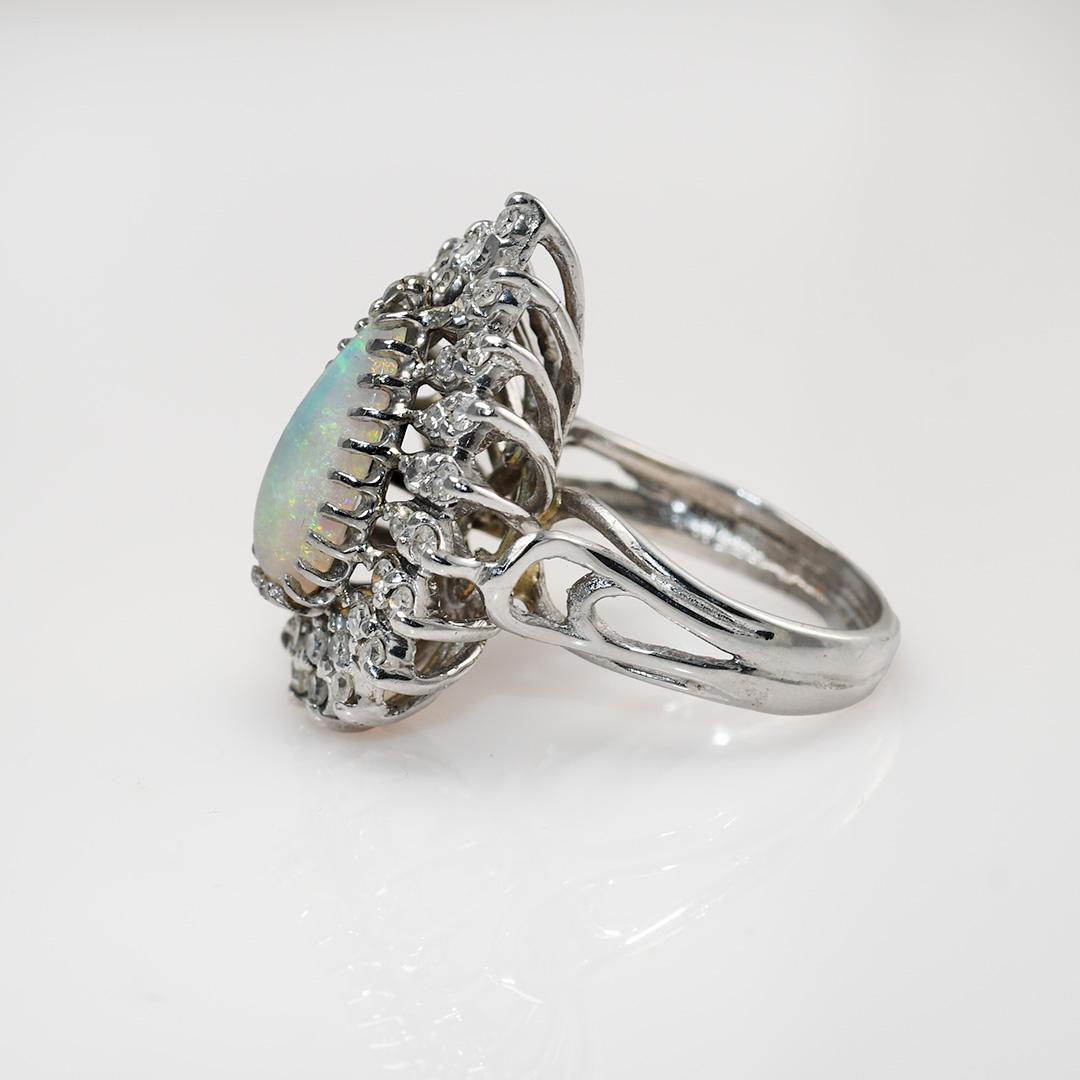 Women's or Men's 14K White Gold Vintage Opal & Diamond Ring, 8.7g, .35tdw For Sale