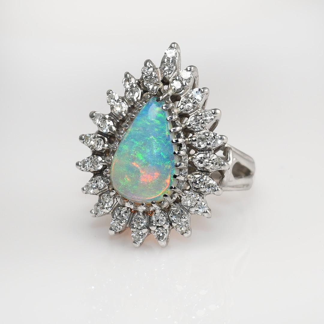 14K White Gold Vintage Opal & Diamond Ring, 8.7g, .35tdw For Sale 1