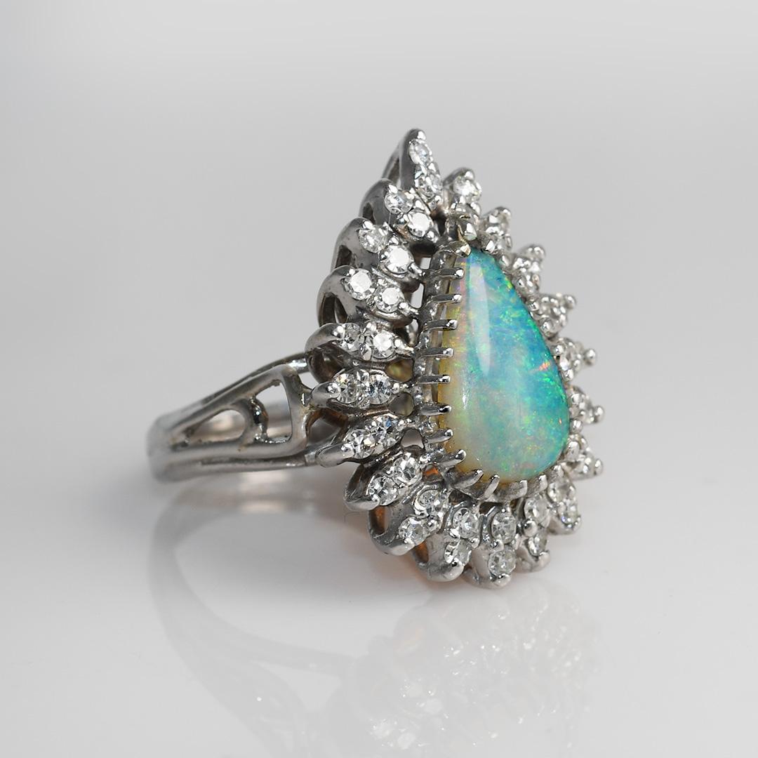 14K White Gold Vintage Opal & Diamond Ring, 8.7g, .35tdw For Sale 2
