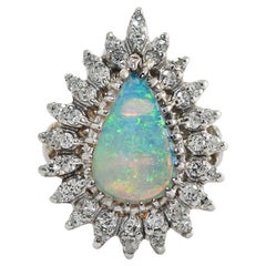 14K White Gold Vintage Opal & Diamond Ring, 8.7g, .35tdw
