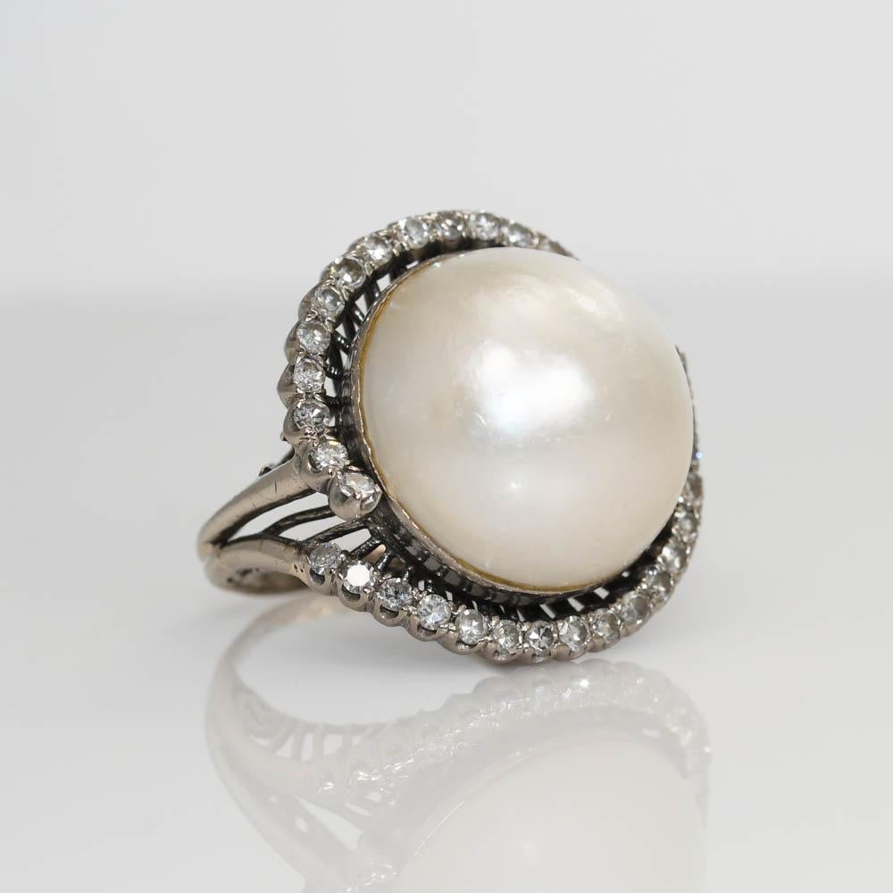 Round Cut 14K White Gold Vintage Pearl & Diamond Ring 14.4g
