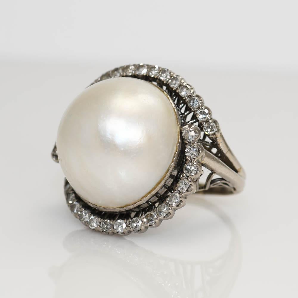Women's or Men's 14K White Gold Vintage Pearl & Diamond Ring 14.4g