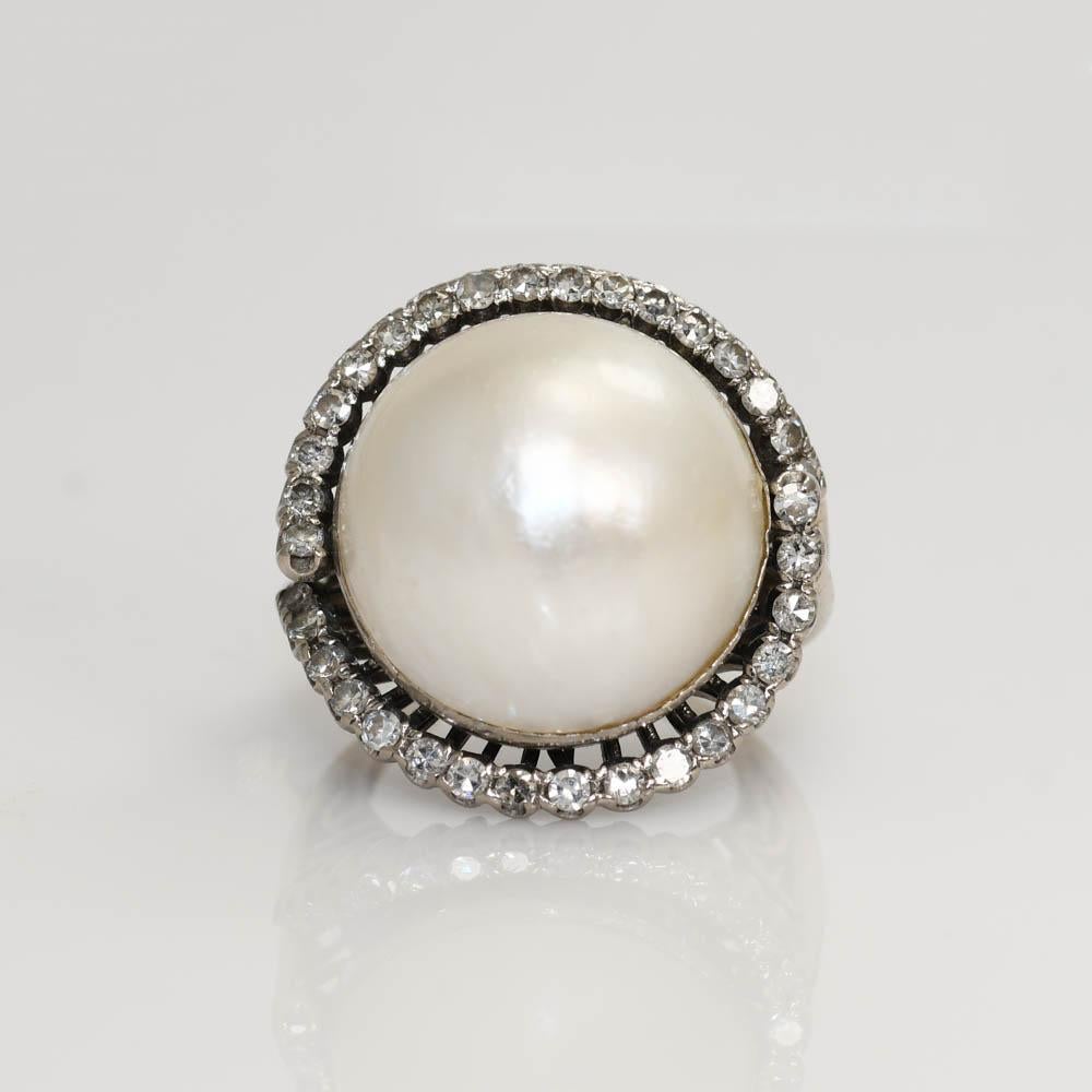 14K White Gold Vintage Pearl & Diamond Ring 14.4g 1