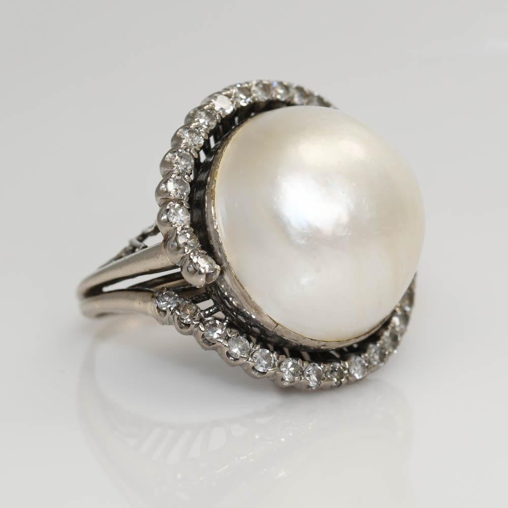 14K White Gold Vintage Pearl & Diamond Ring 14.4g 2