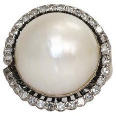 14K White Gold Vintage Pearl & Diamond Ring 14.4g