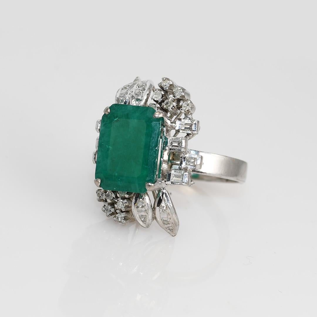 Women's 14K White Gold Vintage Synthetic Emerald & Diamond Ring, 7.8g For Sale