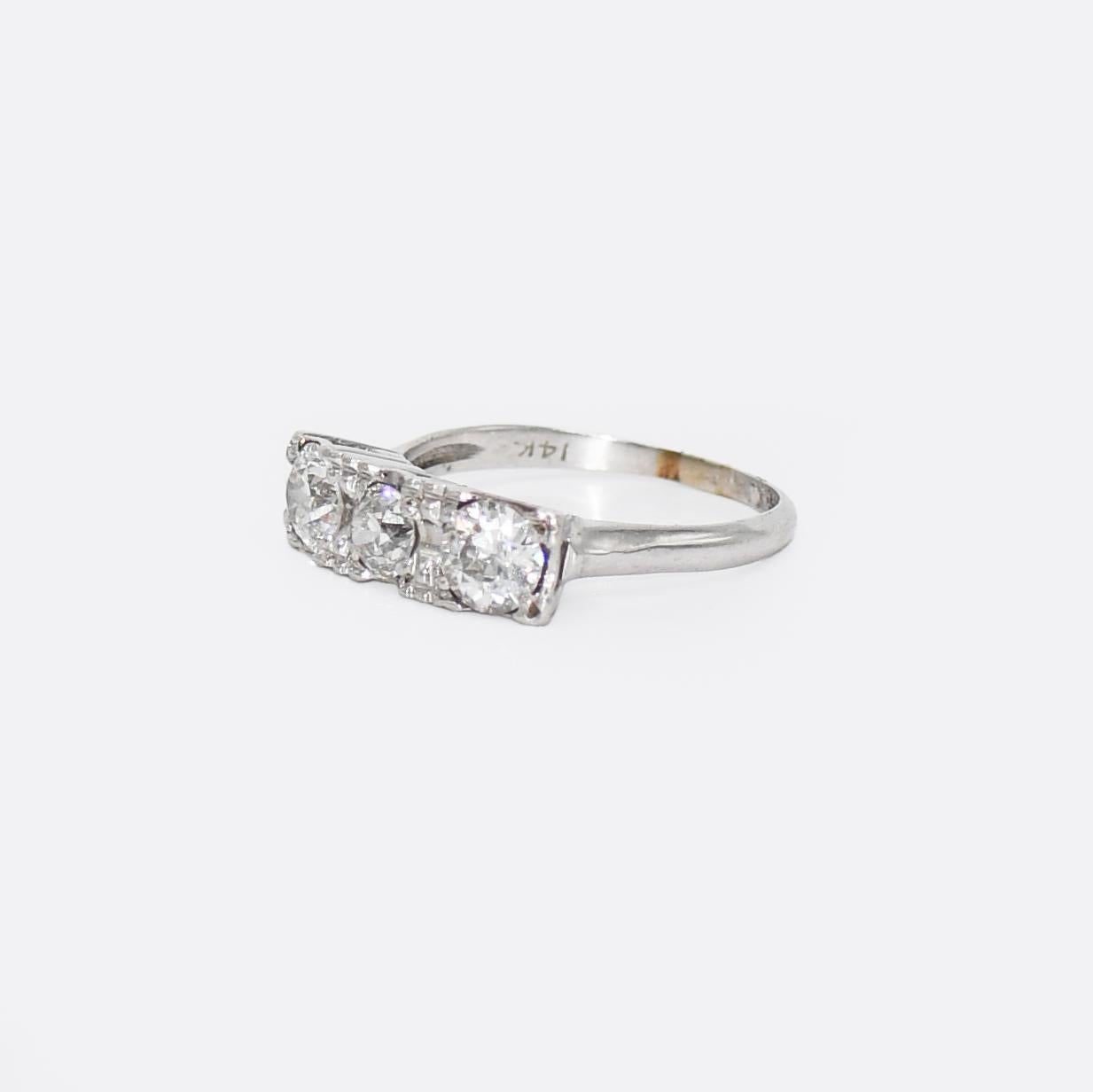 Old European Cut 14K White Gold Vintage Three Diamond Ring 1.05ct For Sale