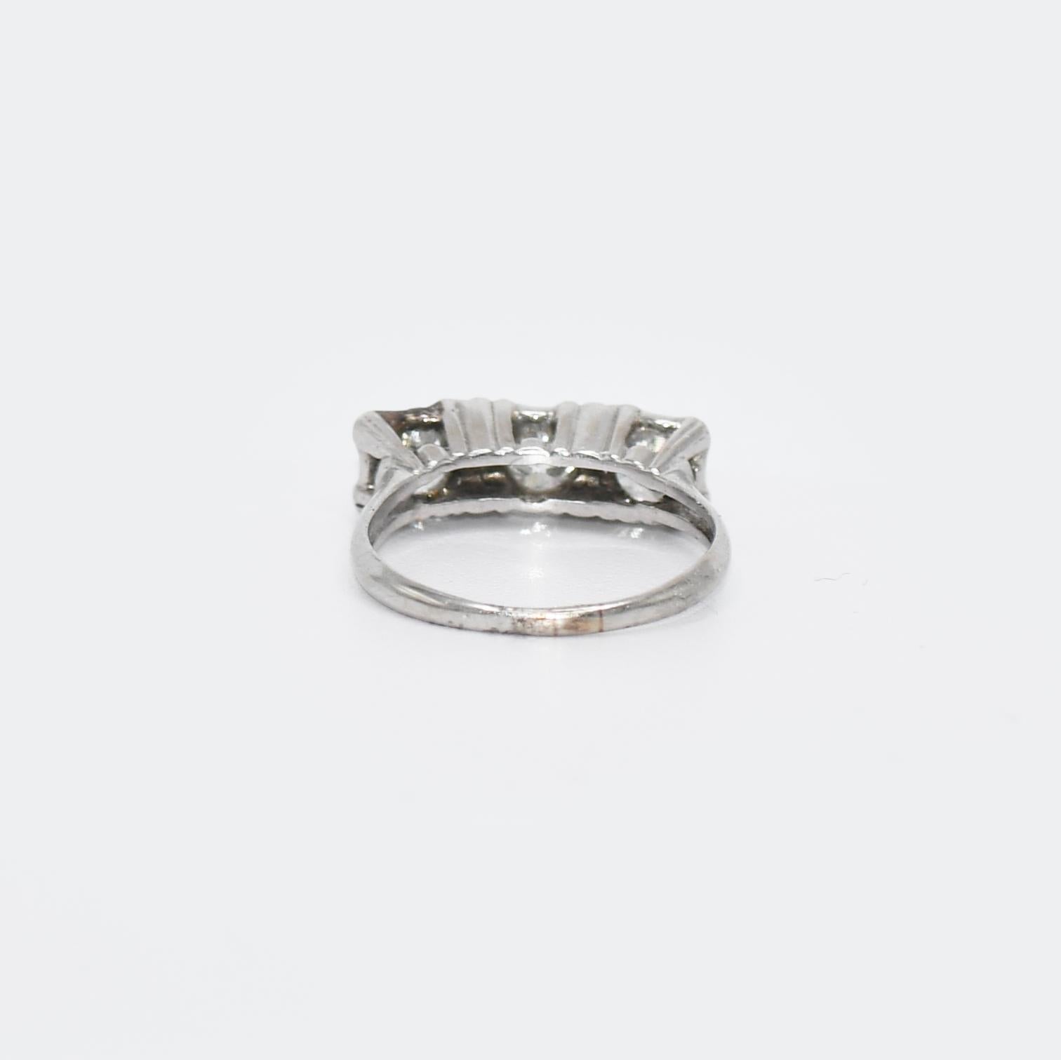 Women's or Men's 14K White Gold Vintage Three Diamond Ring 1.05ct For Sale