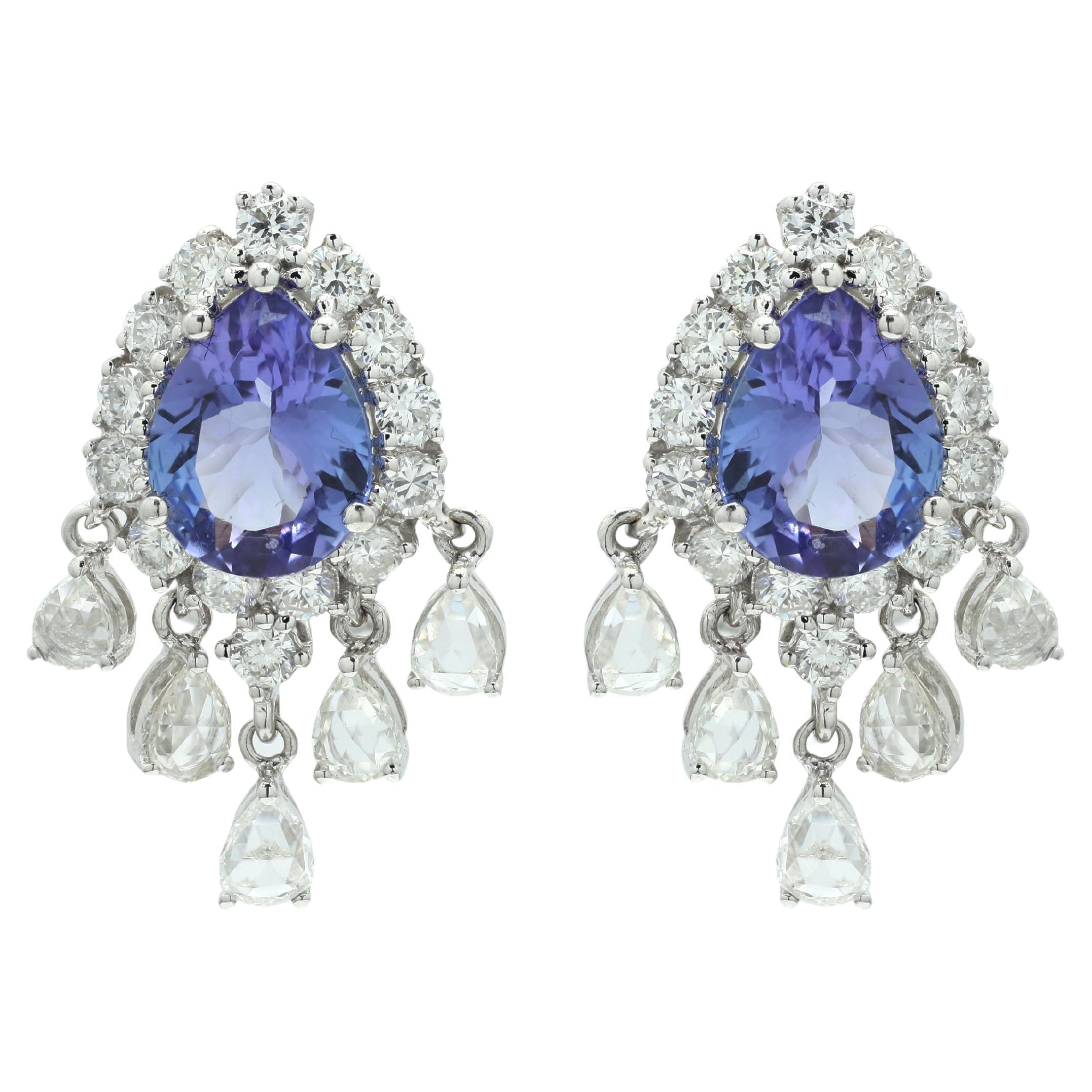 14K White Gold Vivid Tanzanite Statement Wedding Earrings with Diamonds