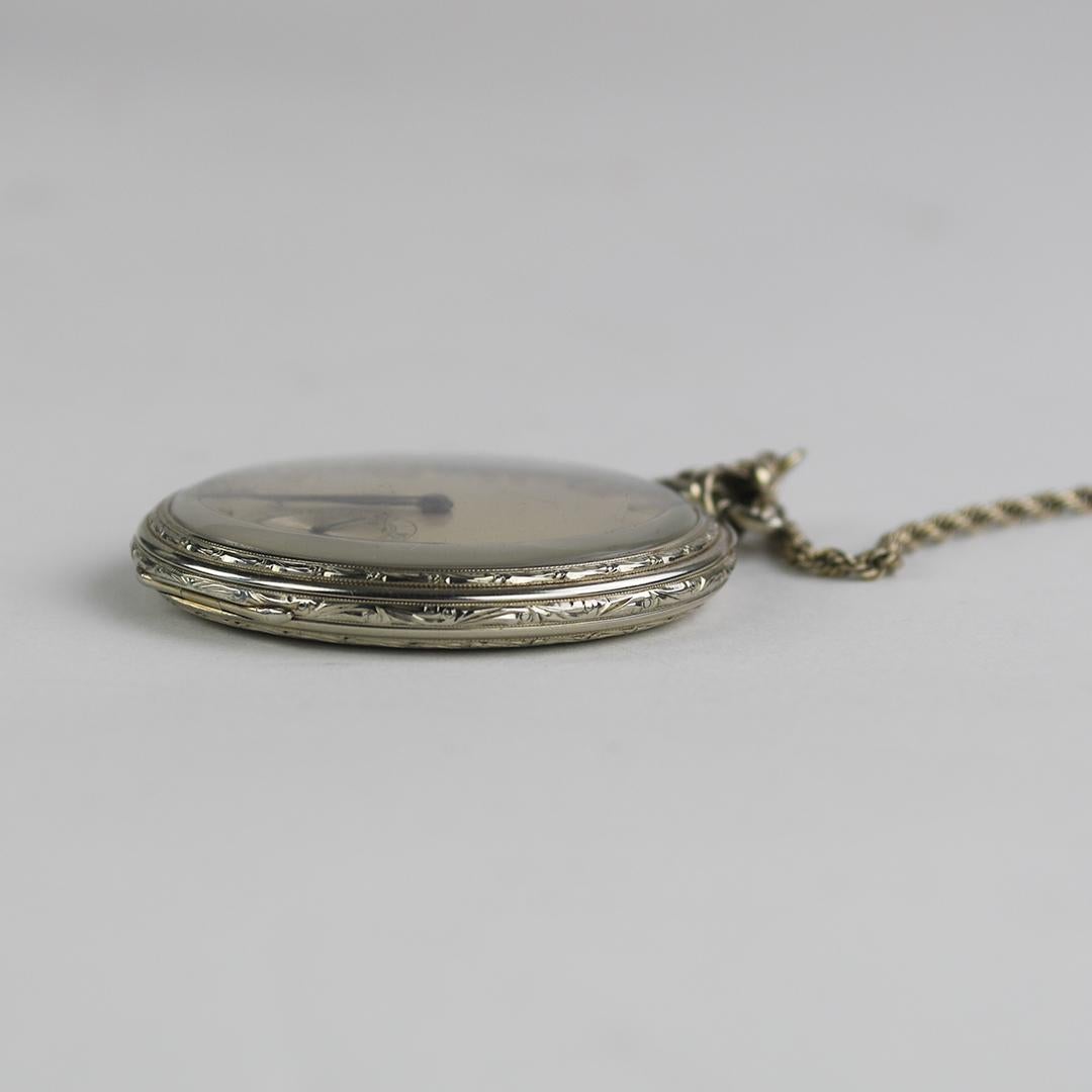 14K White Gold Waltham Pocket Watch with Chain In Excellent Condition For Sale In Laguna Beach, CA