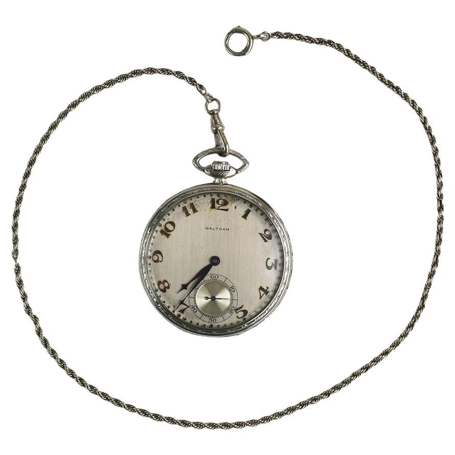 14K White Gold Waltham Pocket Watch with Chain