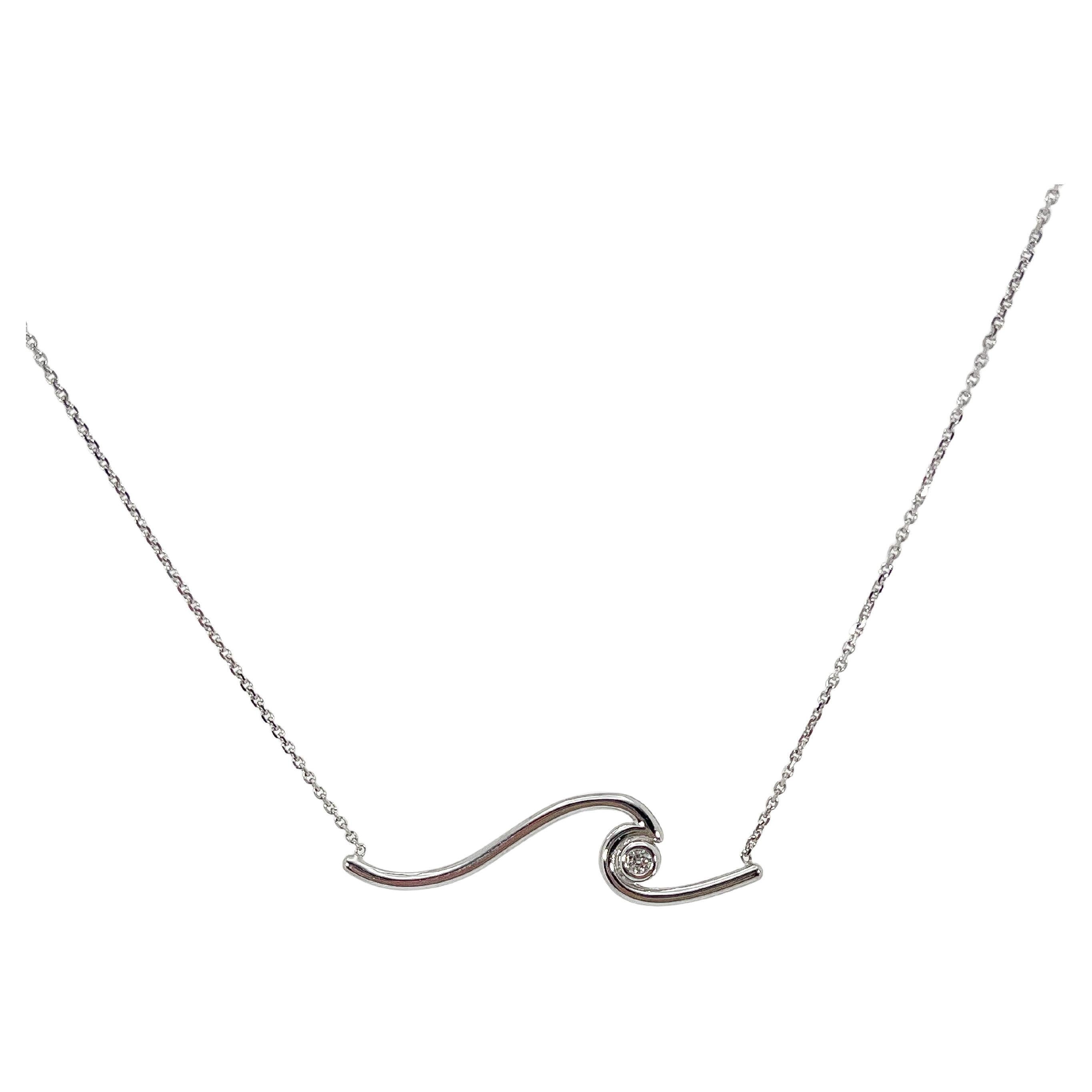 14K White Gold Wave Necklace With 3 Pt Diamond For Sale