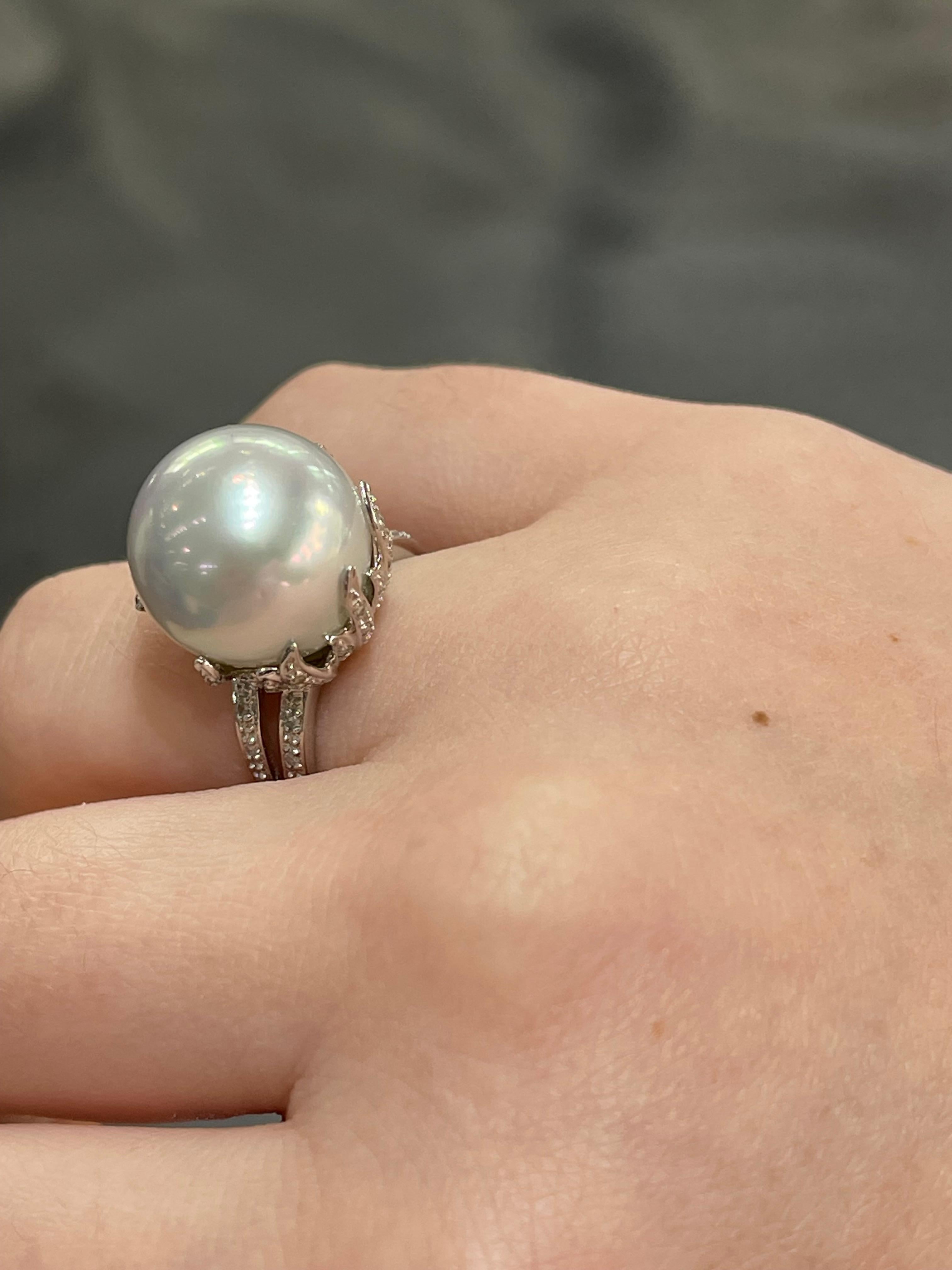 Women's 14K White Gold White Pearl and Diamond Ring For Sale