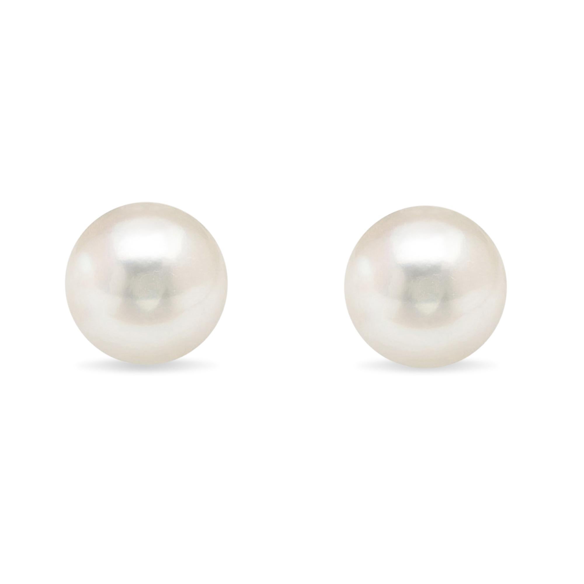 Contemporary 14K White Gold White Saltwater Akoya Cultured Pearl Stud Earrings AAA+ Quality For Sale