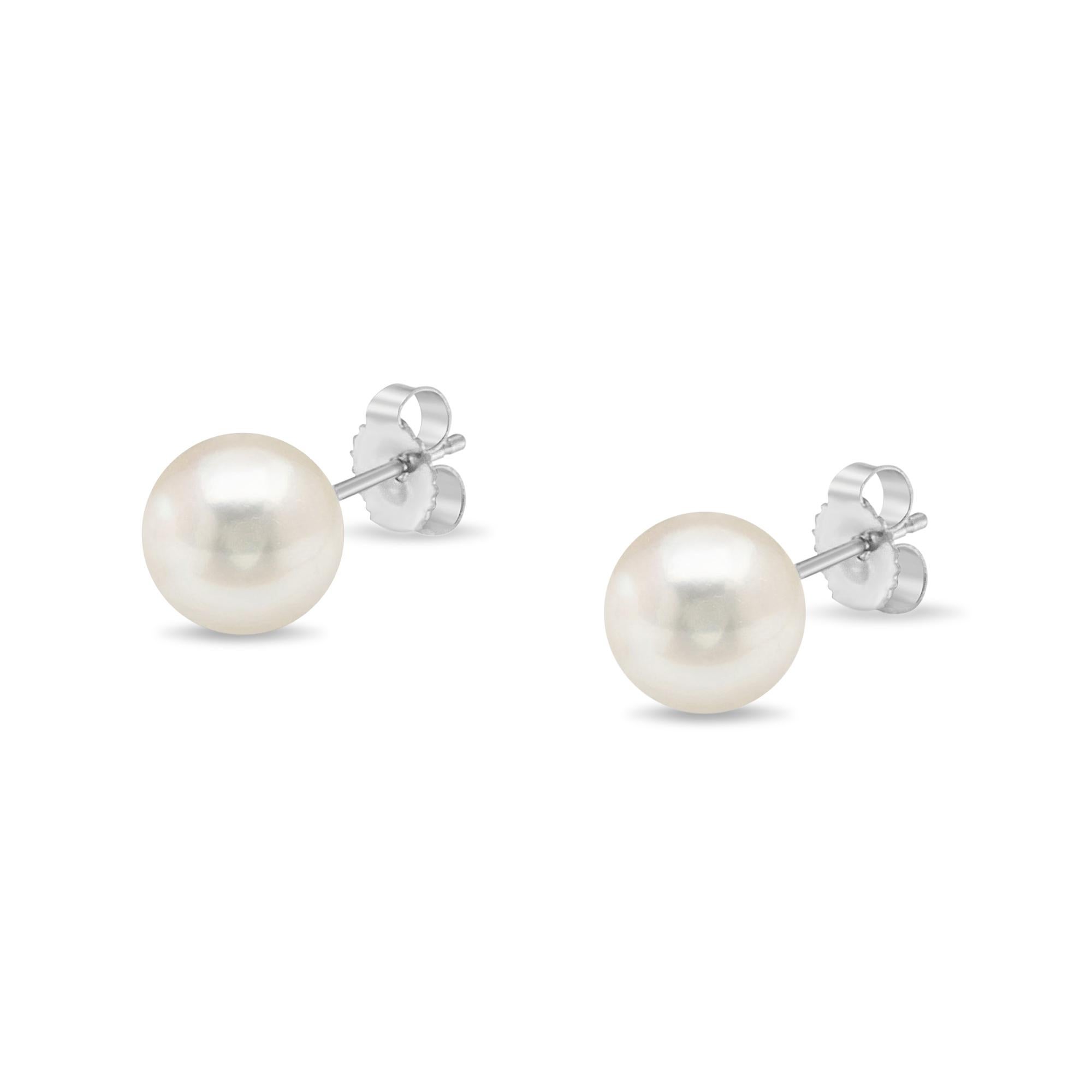 14K White Gold White Saltwater Akoya Cultured Pearl Stud Earrings AAA+ Quality In New Condition For Sale In New York, NY