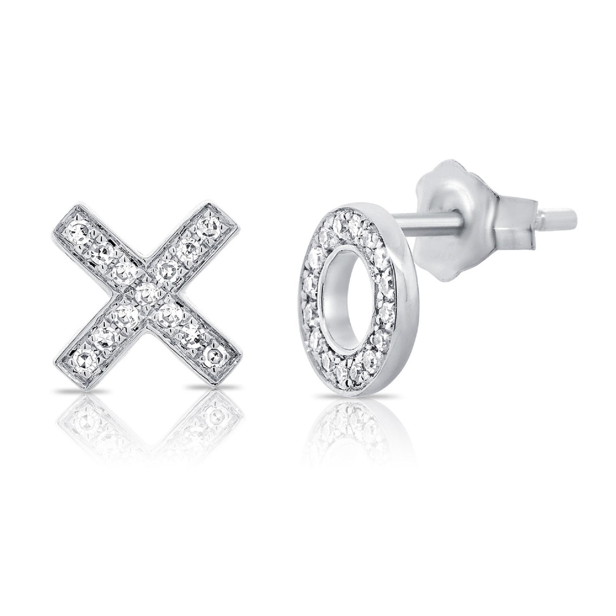 Single Cut 14K White Gold XO Diamond Stud Earrings for Her For Sale