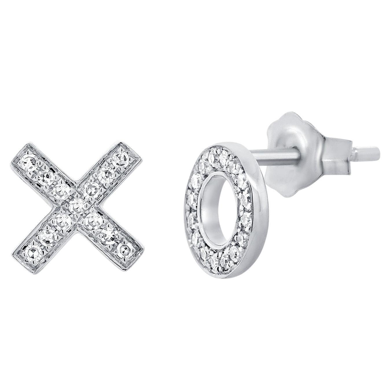 14K White Gold XO Diamond Stud Earrings for Her For Sale