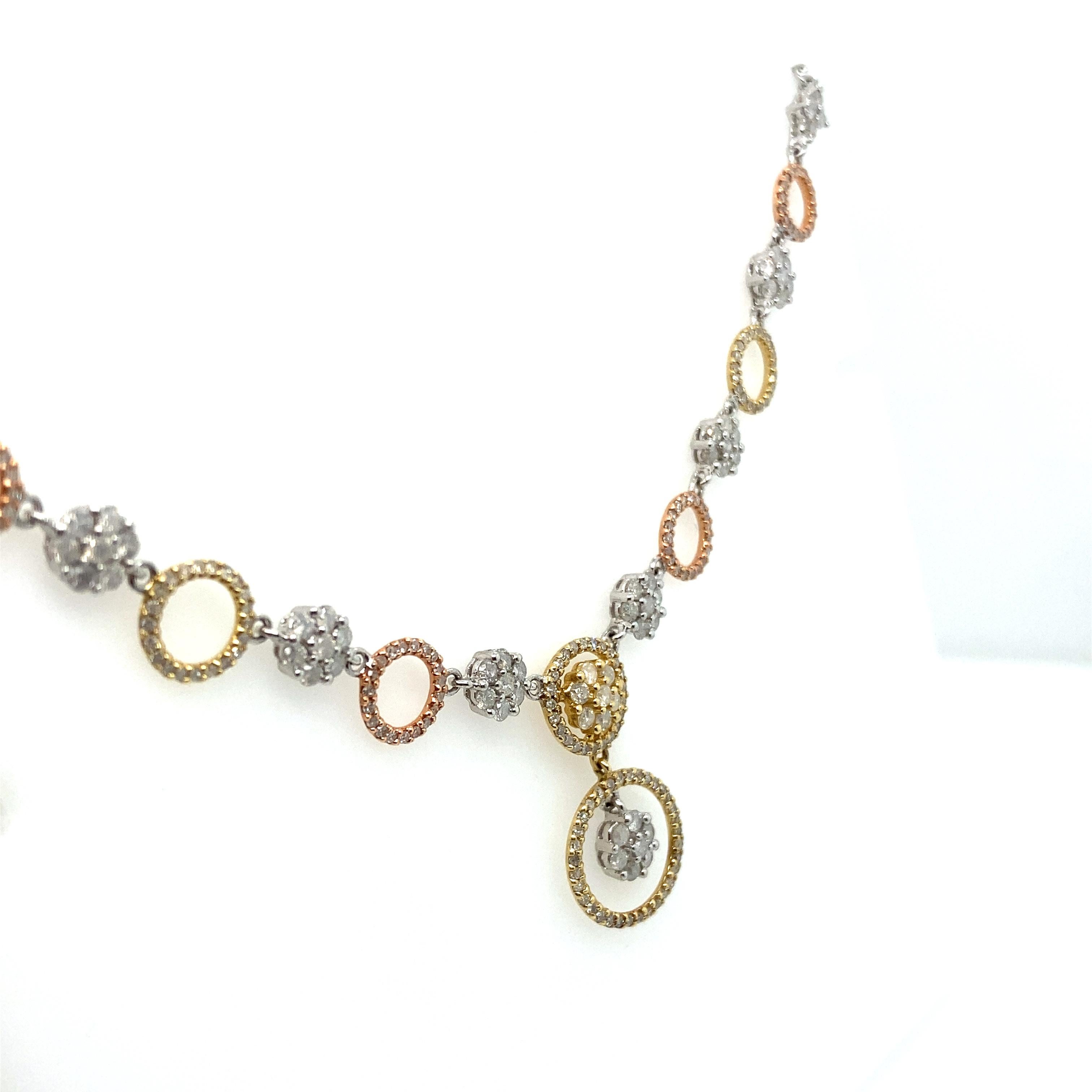 Modern 14k White Gold, Yellow Gold and Rose Gold Diamond Circles and Flowers Necklace For Sale