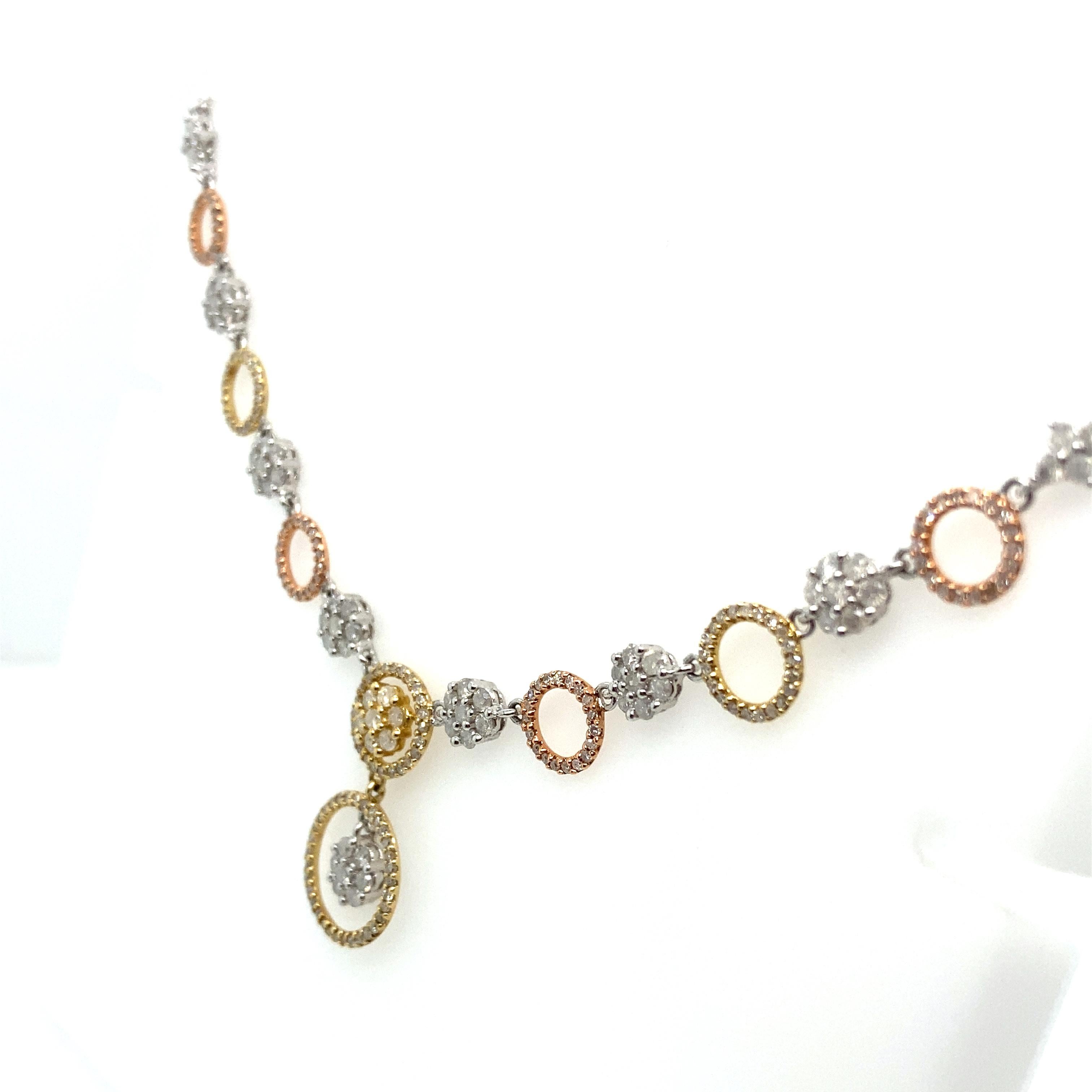 Round Cut 14k White Gold, Yellow Gold and Rose Gold Diamond Circles and Flowers Necklace For Sale
