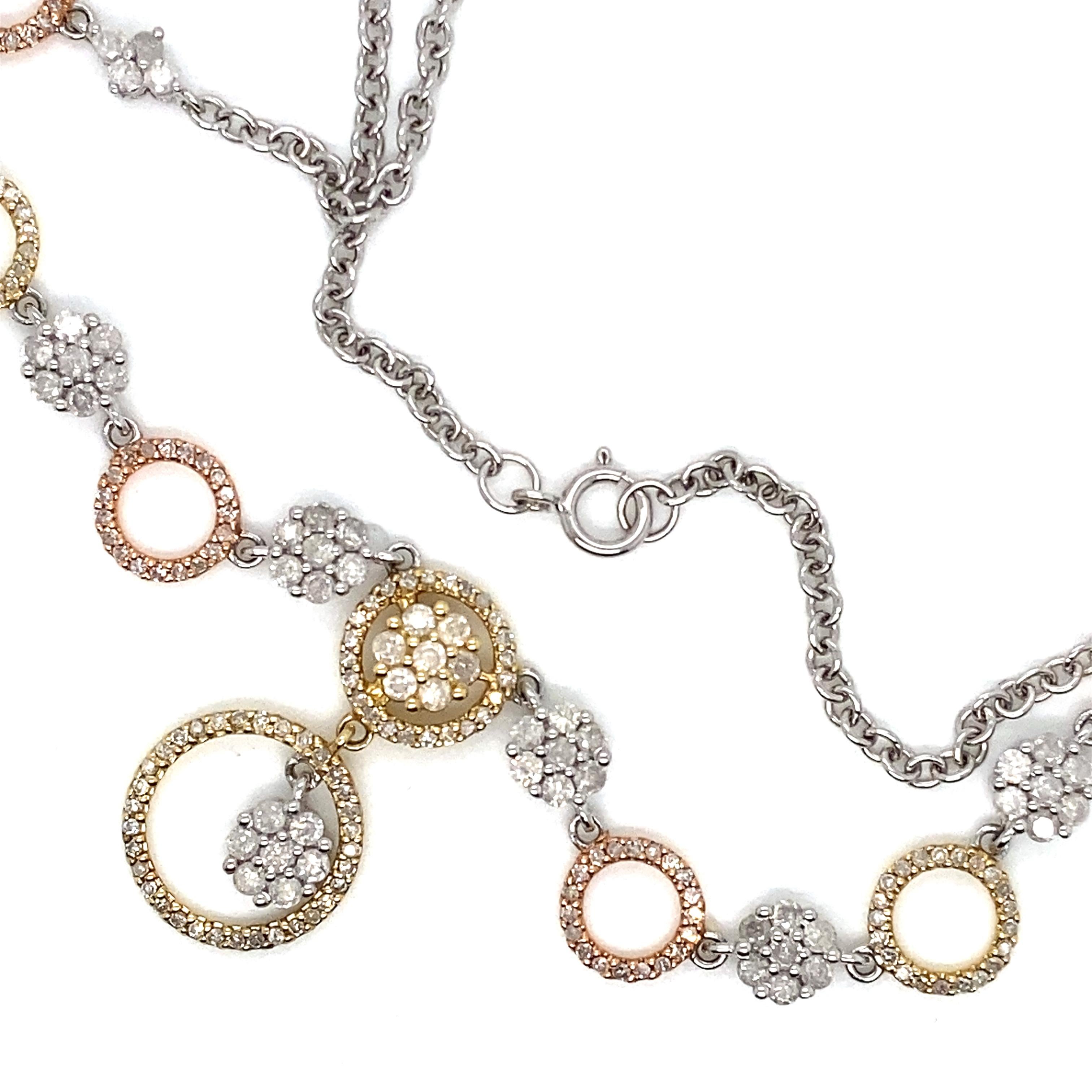 14k White Gold, Yellow Gold and Rose Gold Diamond Circles and Flowers Necklace For Sale 1