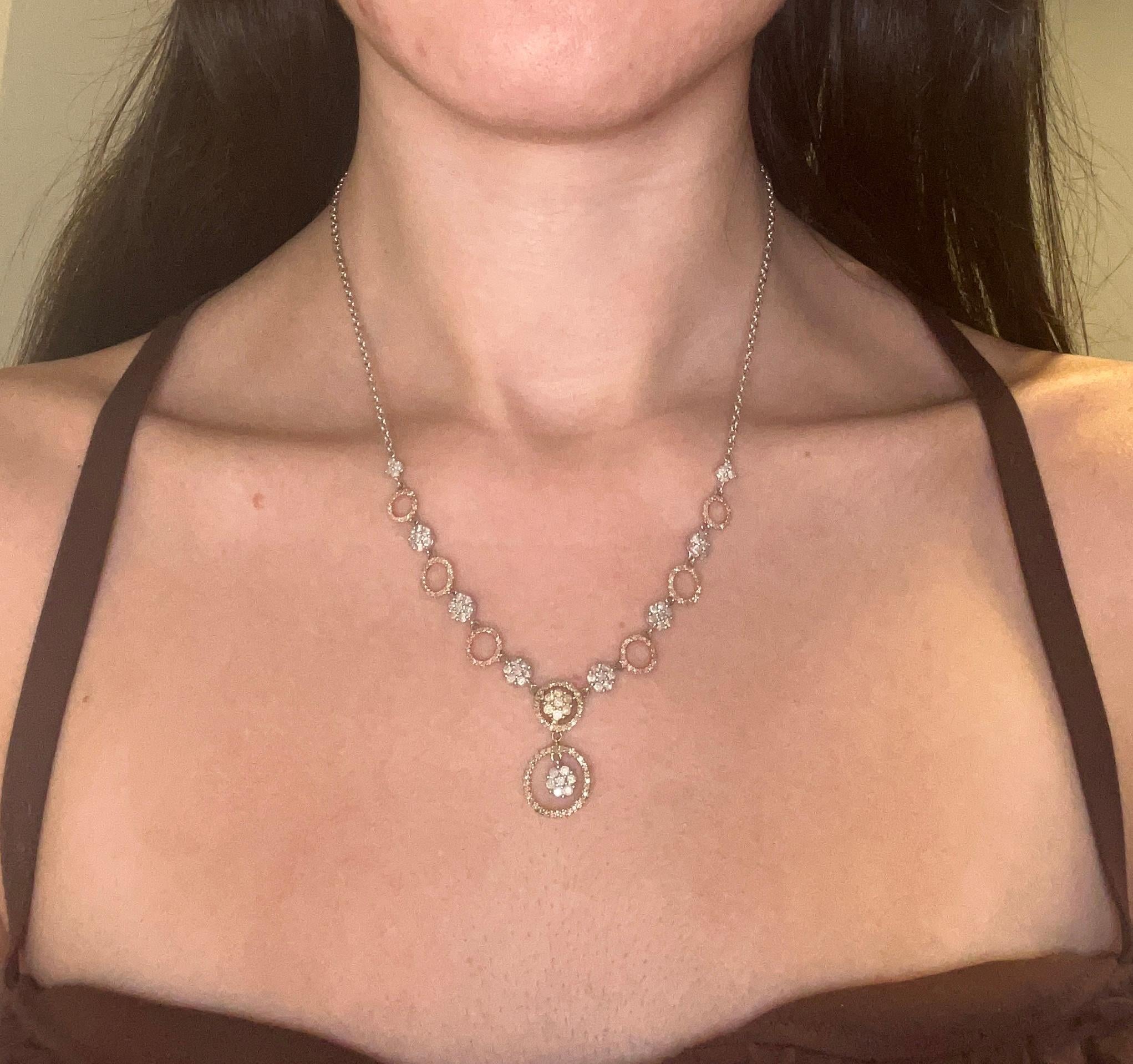 14k White Gold, Yellow Gold and Rose Gold Diamond Circles and Flowers Necklace For Sale 2