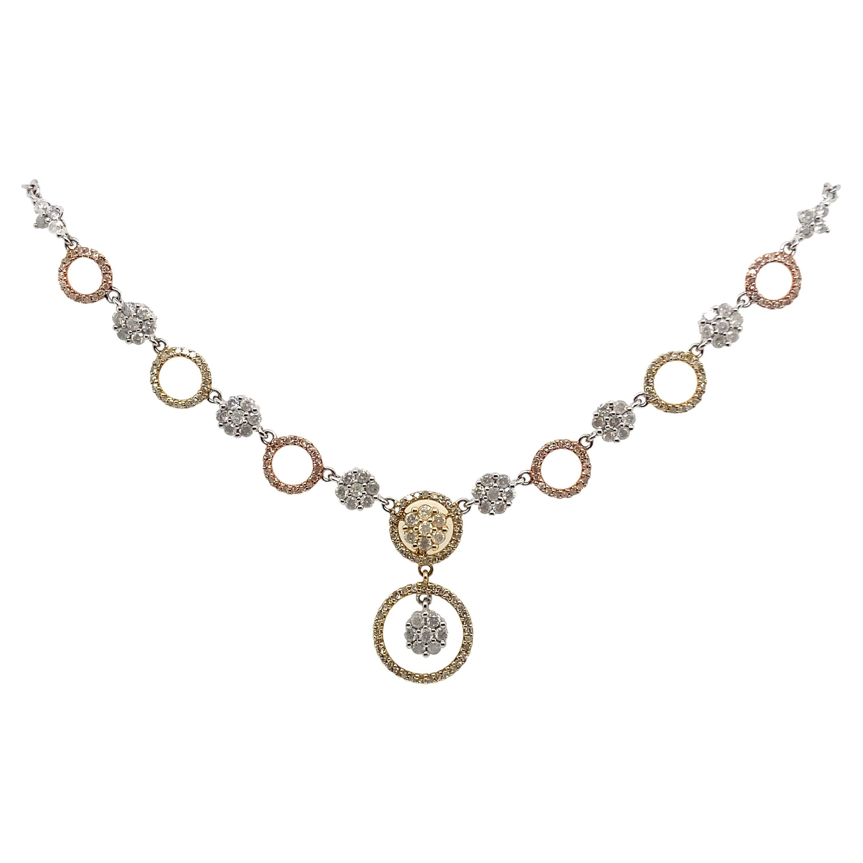 14k White Gold, Yellow Gold and Rose Gold Diamond Circles and Flowers Necklace For Sale