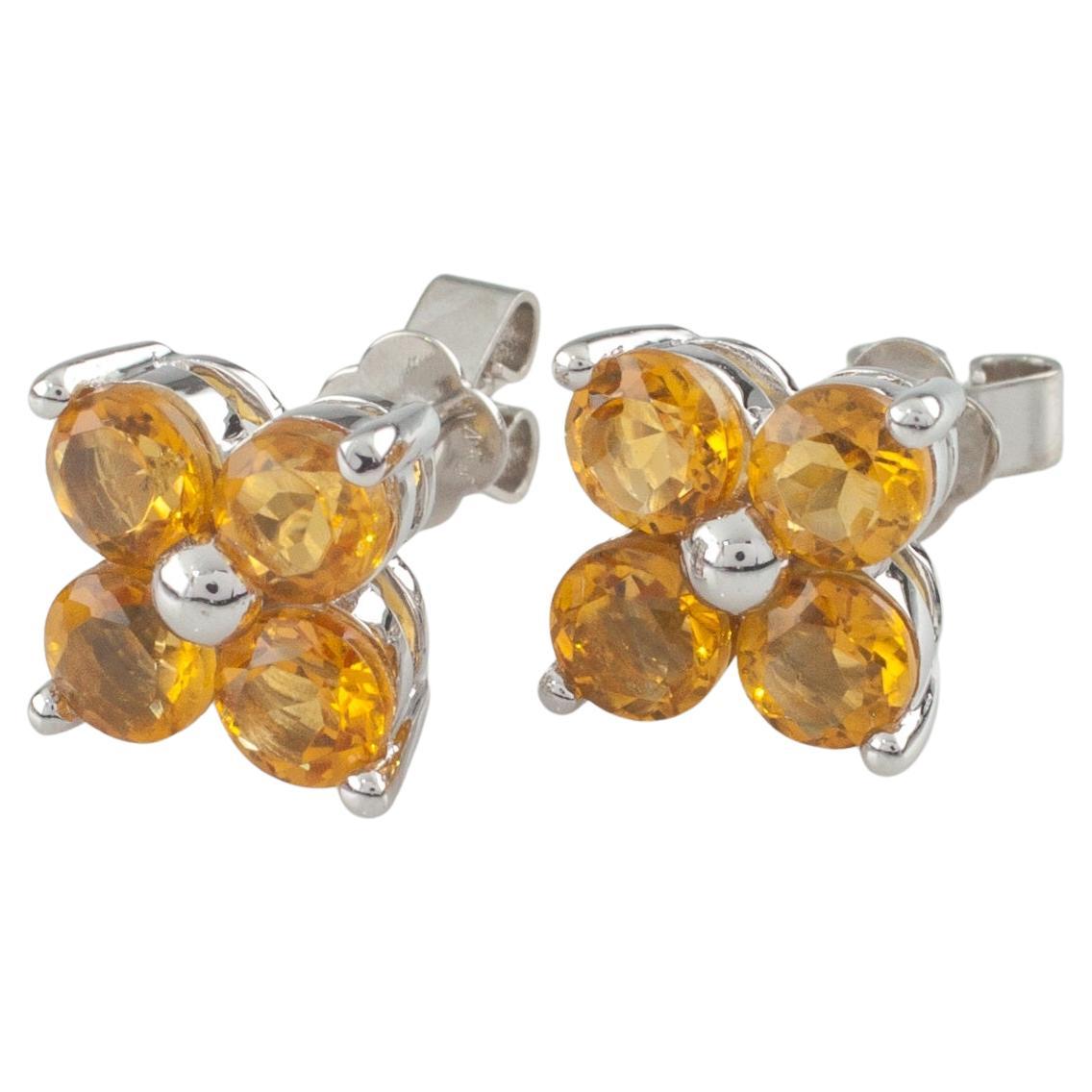 14k White Gold Yellow Sapphire Flower Stud Earrings 2.0 Carats For Sale