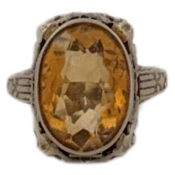 14K White Gold Yellow Stone Filigree Vintage White Gold Ring For Sale