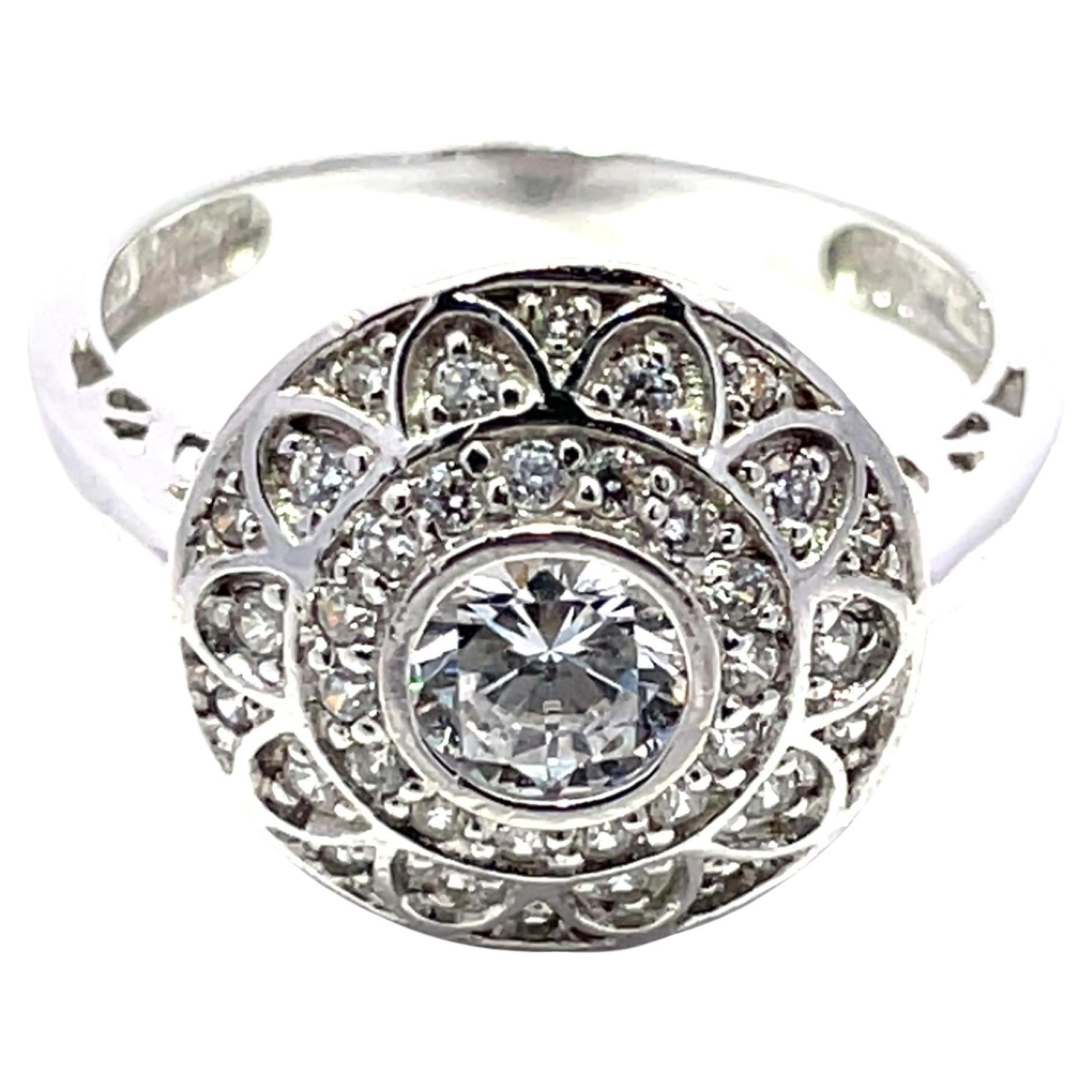 14K White Gold Zircon Halo Flower Ring For Sale