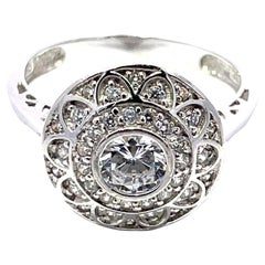 14K White Gold Zircon Halo Flower Ring