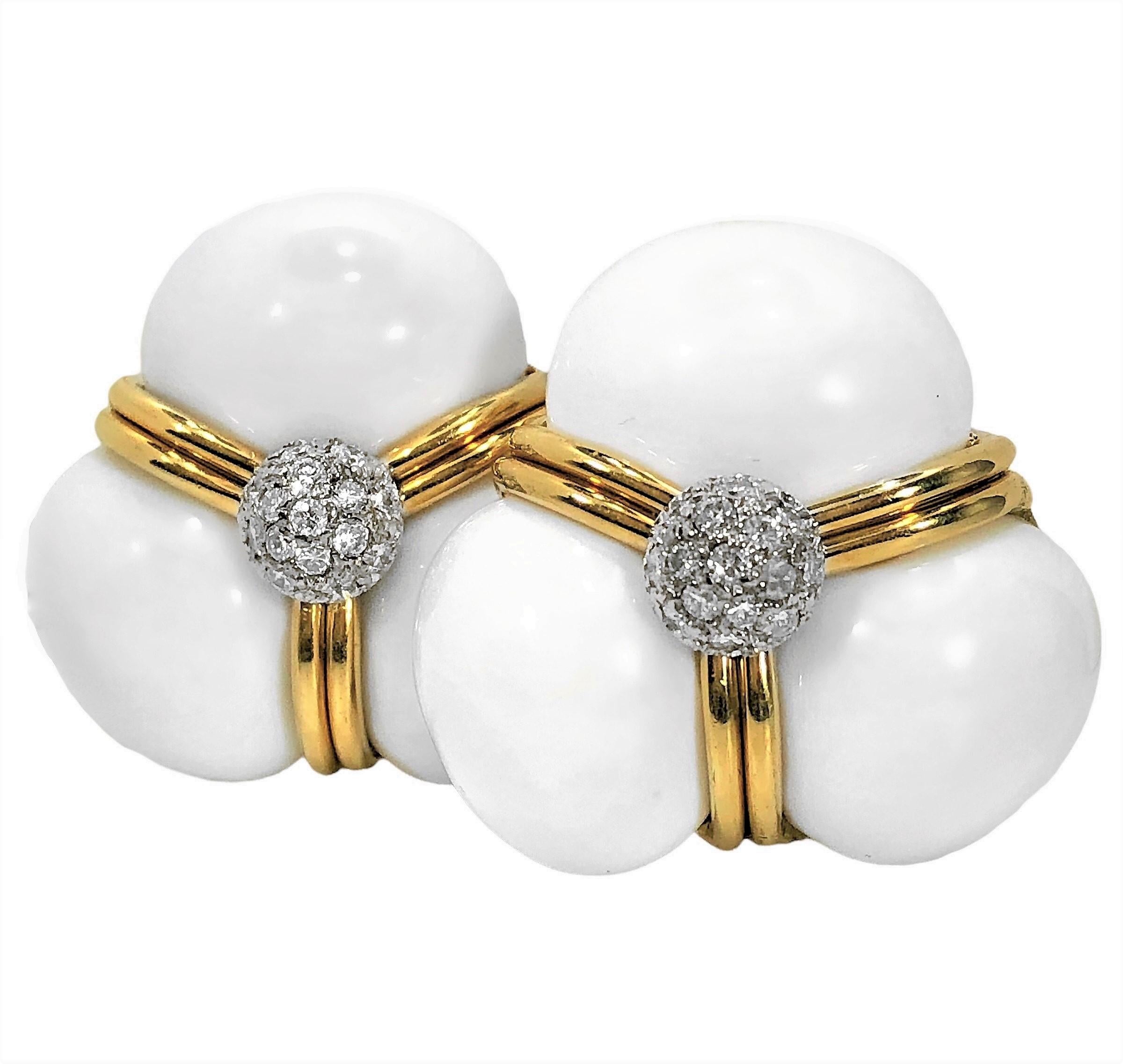 14K White Onyx and Diamond Floral Earrings For Sale