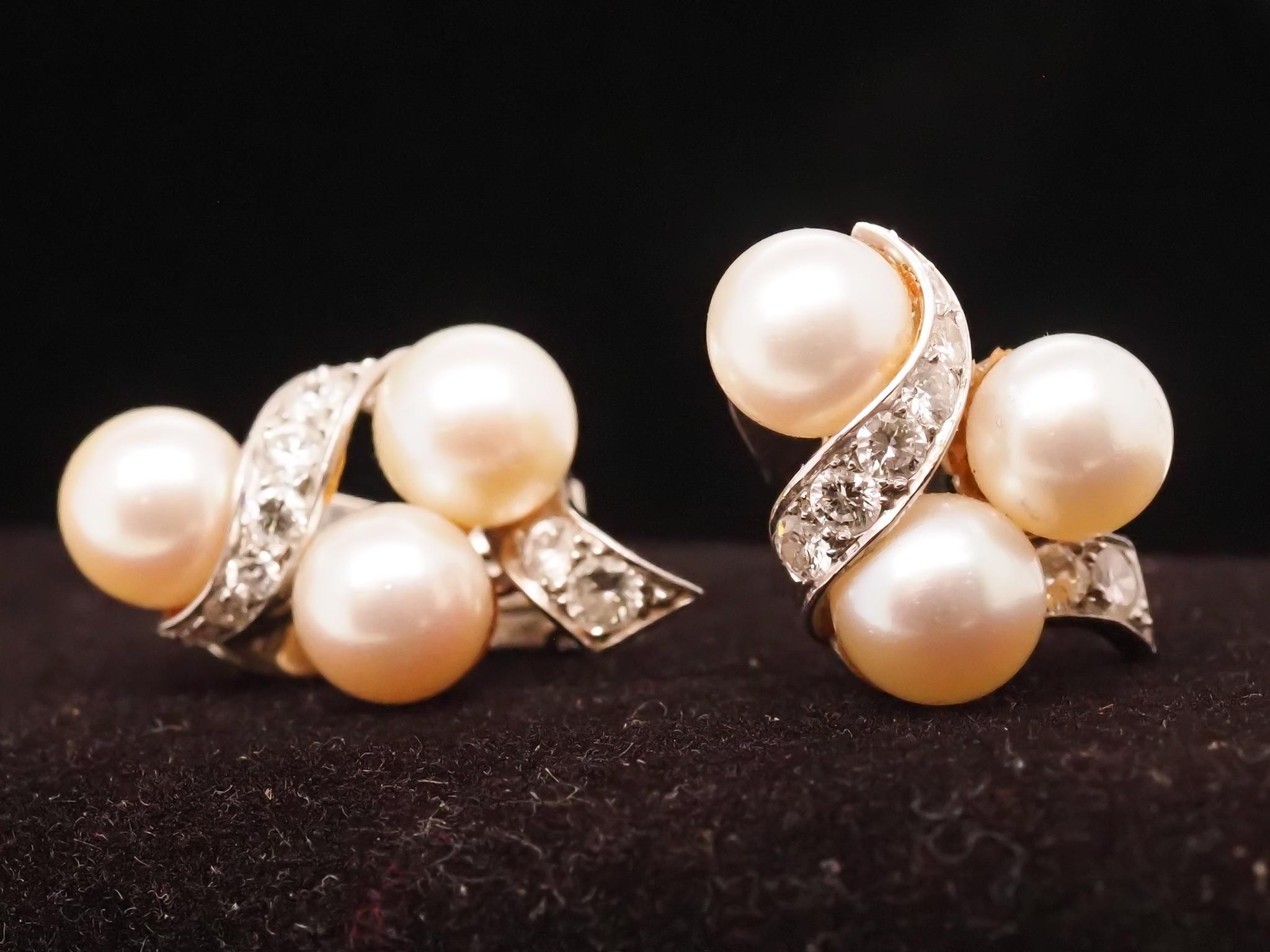 Round Cut 14K White Pearl and Diamond Swirl Earrings For Sale