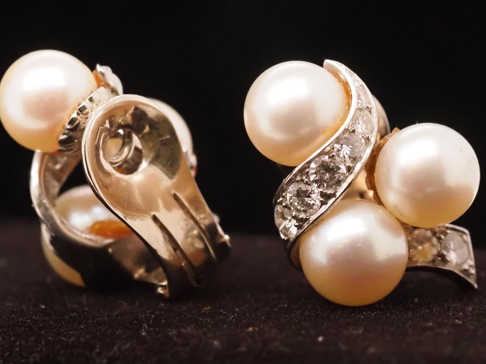 Women's 14K White Pearl and Diamond Swirl Earrings For Sale