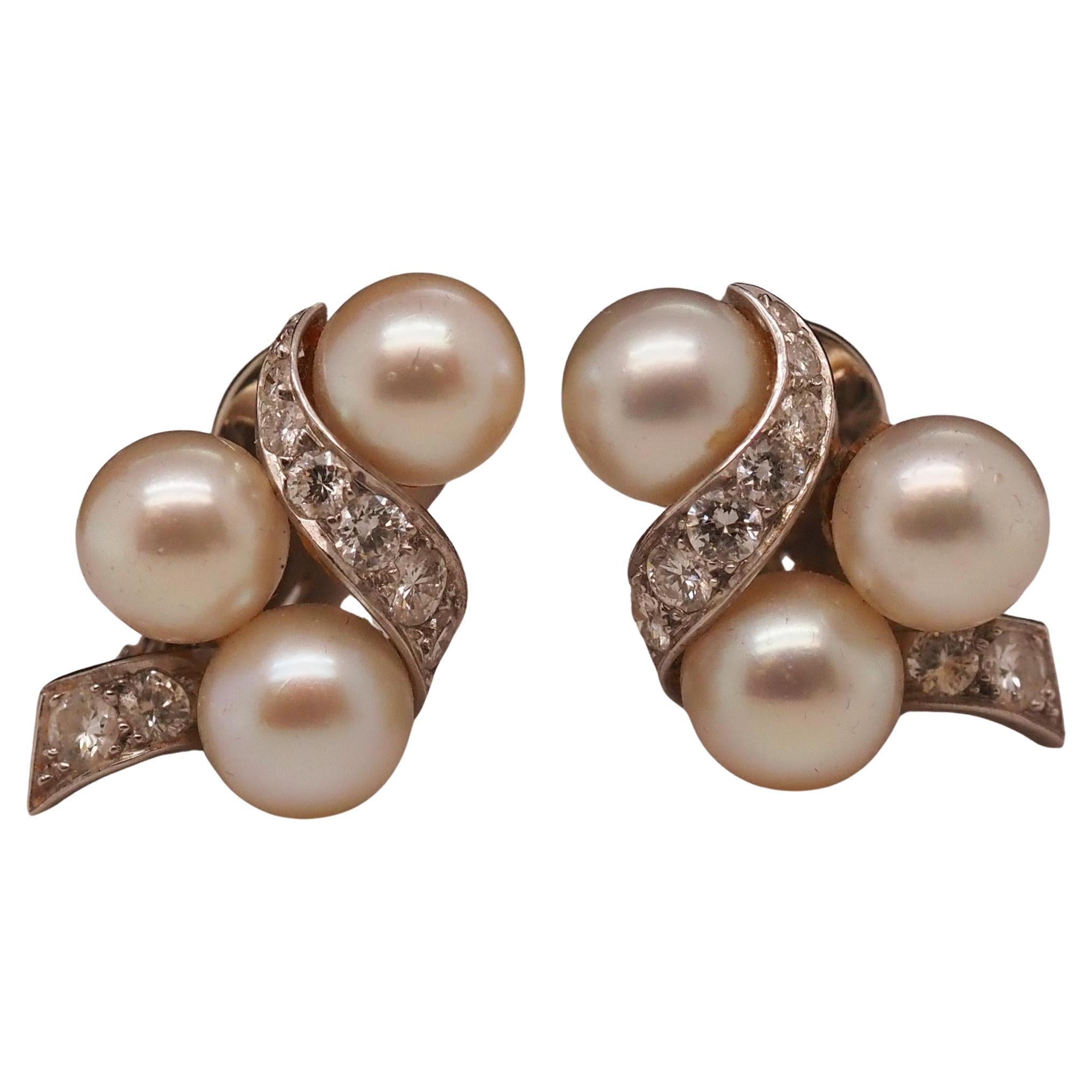 14K White Pearl and Diamond Swirl Earrings