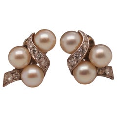 Retro 14K White Pearl and Diamond Swirl Earrings