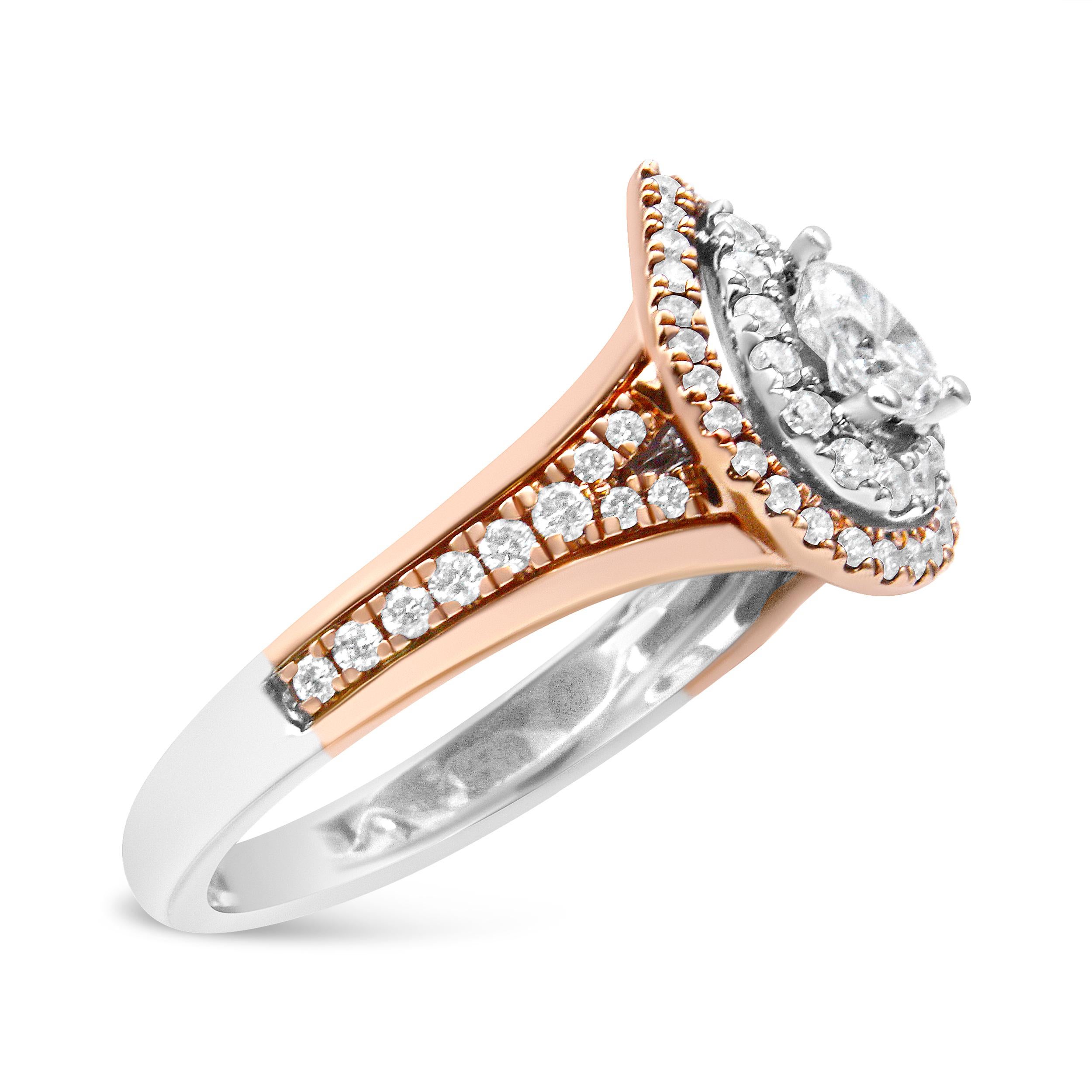 Dazzle and delight her with this stunning diamond engagement ring. Crafted from weaves of 14k Rose and White gold, this fancy-shape fashion ring showcases a 3 prong set center 1/3 ct. dw pear cut solitaire diamond that rises above two halos of