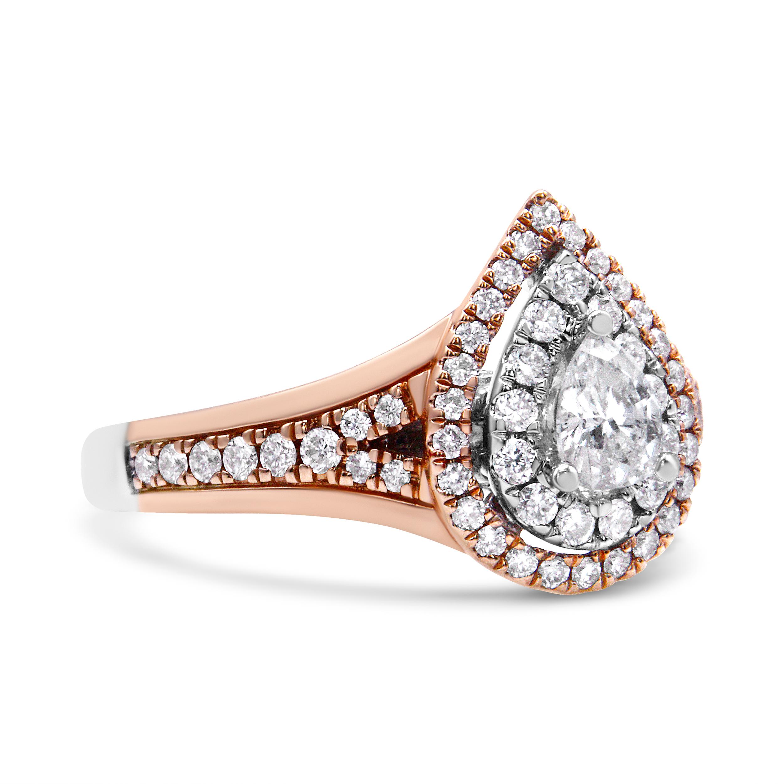 Contemporary 14K White & Rose Gold 1.0 Carat Diamond Pear Shaped Double Halo Engagement Ring